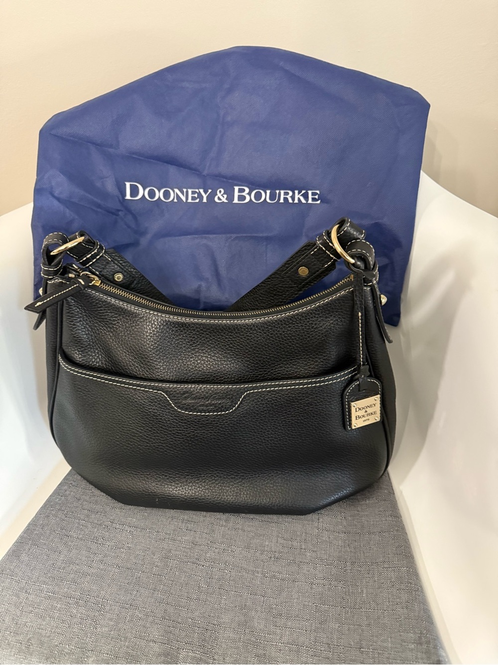 Dooney & Bourke Black Pebble Leather Shoulder Bag with Gold Hardware